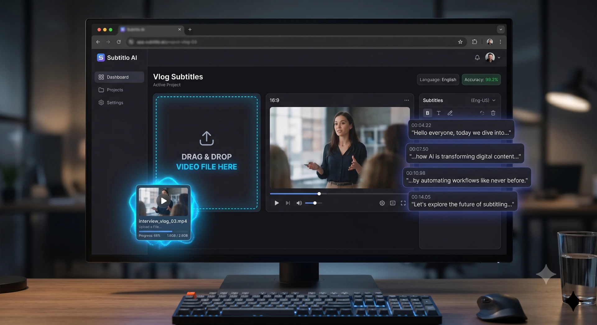 Oberfläche eines KI-Untertitel-Extraktors, der ein Video analysiert und online automatisch Untertitel erstellt