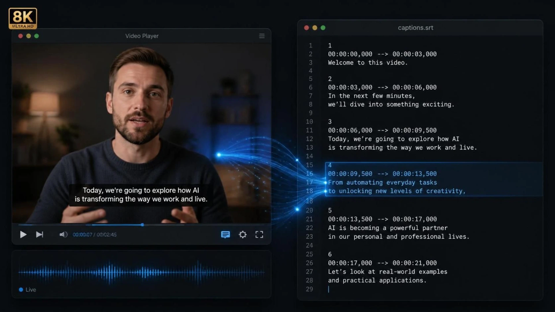 Wichtige Funktionen des KI-Untertitel-Extraktors mit automatischer Transkription und Download von Untertiteldateien