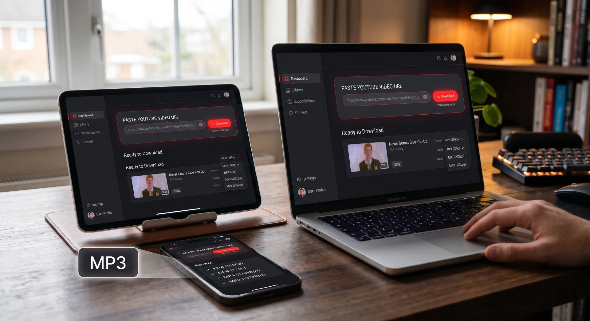 YouTube 下載器中的 MP4 與 MP3 格式選擇，適合多種裝置使用
