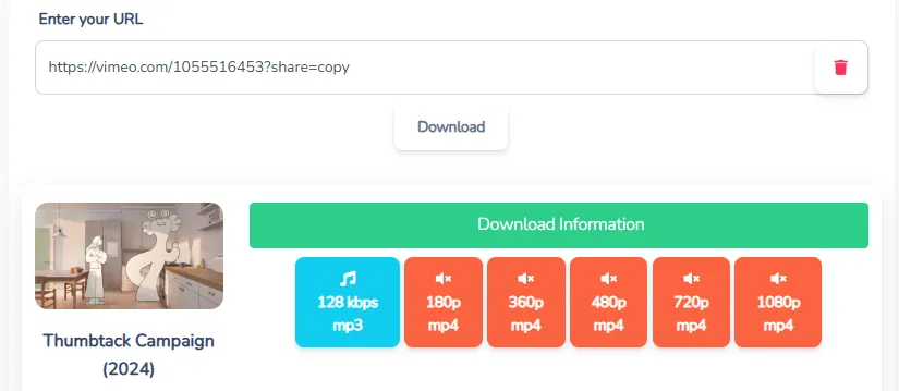 Choose Vimeo video download quality — HD, 4K, or 8K format options